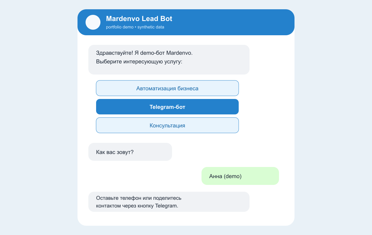 Service selection and contact collection. The demo conversation is in Russian.